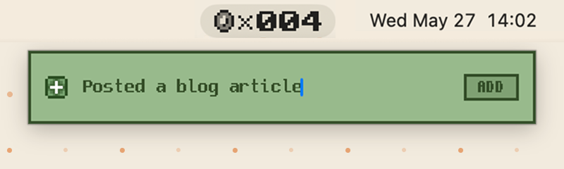 Pling Quick Entry window under the Mac menu bar with the note "Posted a blog article" typed in