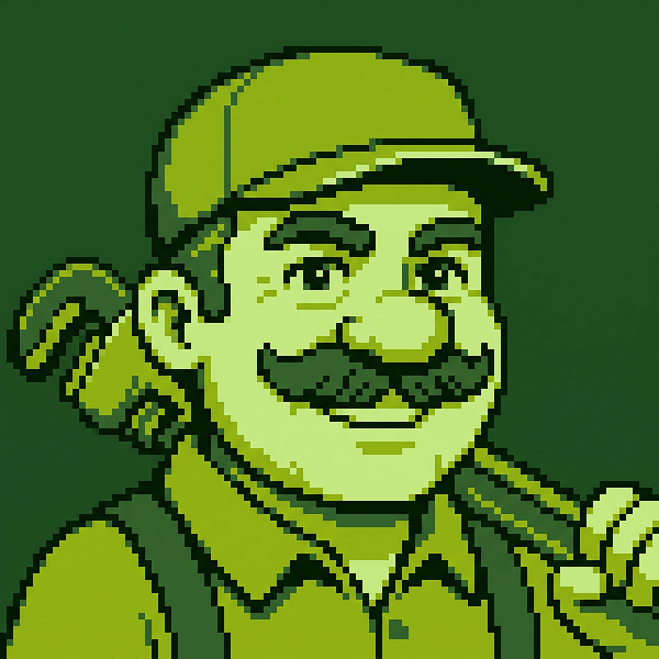 Pixel art portrait of a cheerful mustachioed plumber in a cap, carrying a pipe wrench over his shoulder